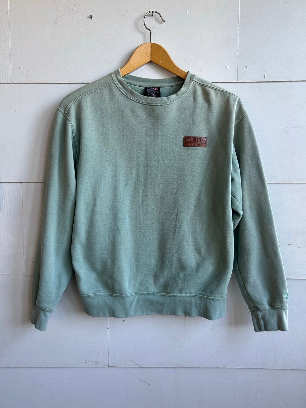 Mackinac Island Sweatshirt, Light Dusty Green with leather accents, Sz Small